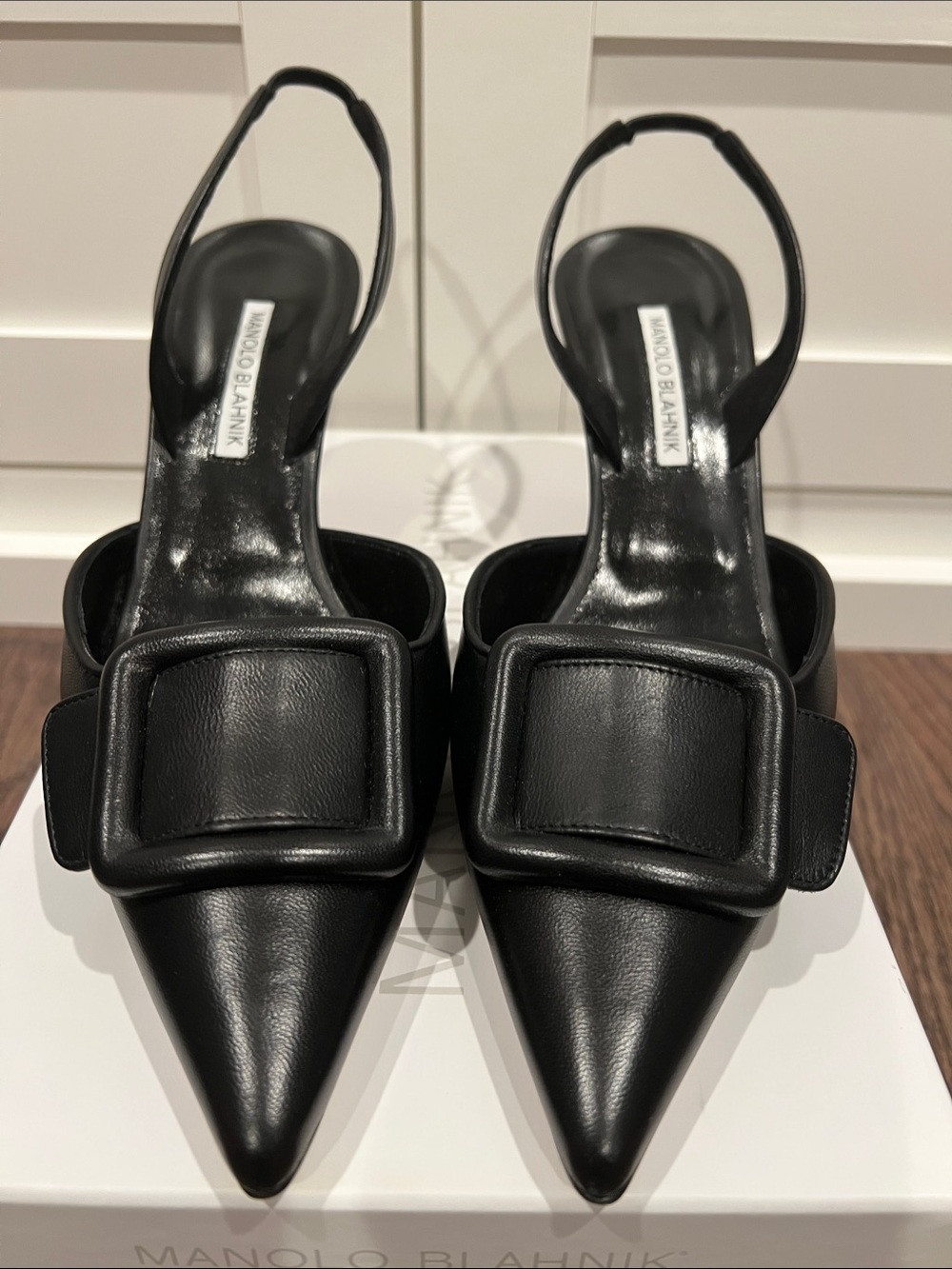 Manolo Blahnik Black Pointed Toe Slingback Mules with Buckle